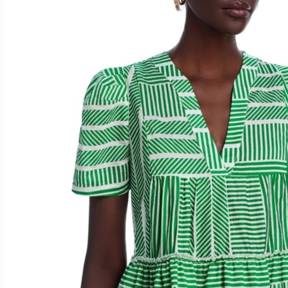 Aqua Green and White Striped Tiered Ruffled Mini Dress Size Medium - Picture 3 of 12